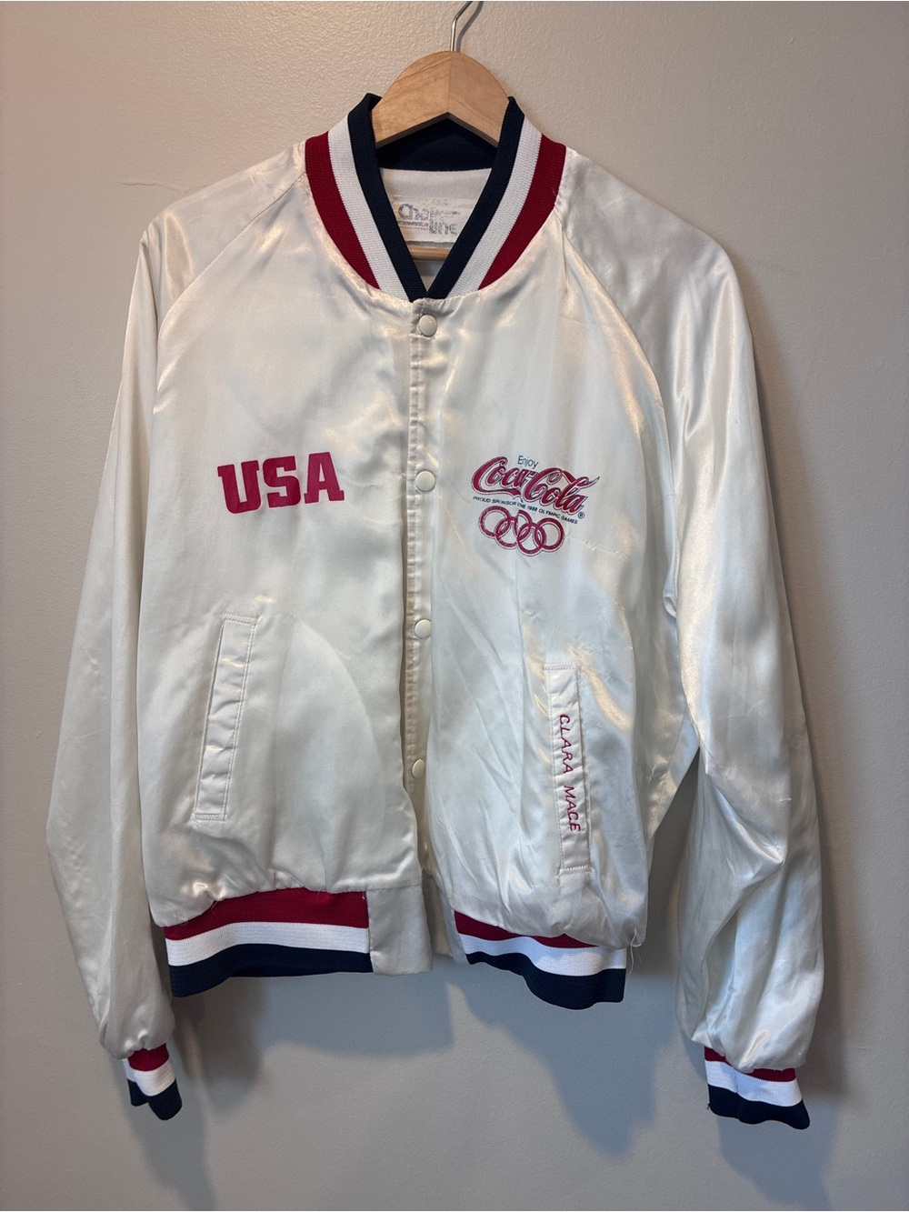 Chaps White Satin Varsity Jacket with Red & Navy Trim